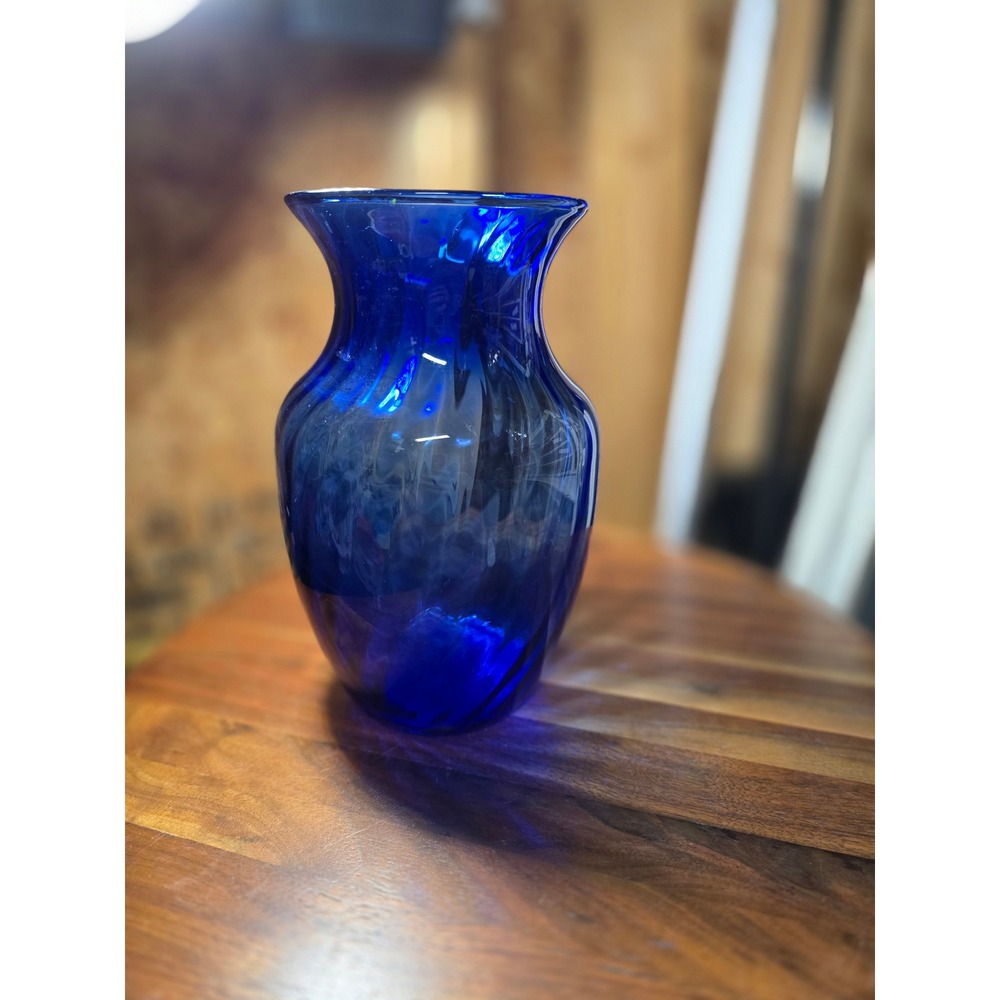 Vintage Cobalt Blue Art Glass Vase 8in Tall Flared Rim Optic Swirl Deep Blue